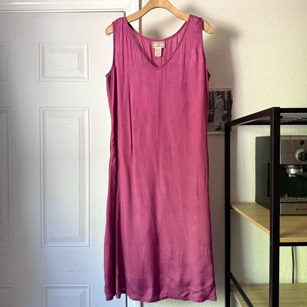 April Cornell vintage magenta pink v neck sleeveless semi‎ sheer midi dress